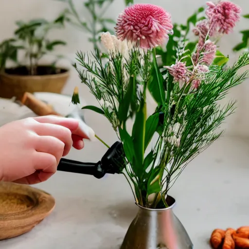 Prompt: a handheld mixer mixing a bowl of flowers, branches, twigs, and plants