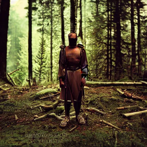 Image similar to close up kodak portra 4 0 0 photograph of a roman legimeer after the battle standing in dark forest, moody lighting, telephoto, 9 0 s vibe, blurry background, vaporwave colors, faded