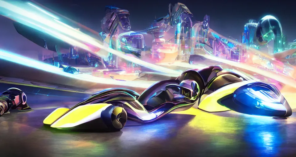 Image similar to dream tron tesla light cycle race, hot wheels, wipe out, hyper realistic, concept art, smooth, high contrast, volumetric lighting, octane, raytrace, syd mead, artgerm, jim lee,