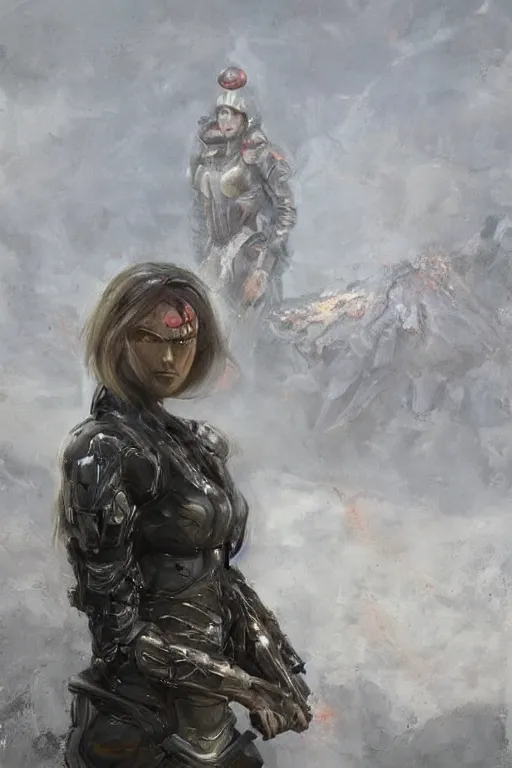 Image similar to a portrait of a woman in a post apocalyptic landscape in futuristic armour by eve ventrue