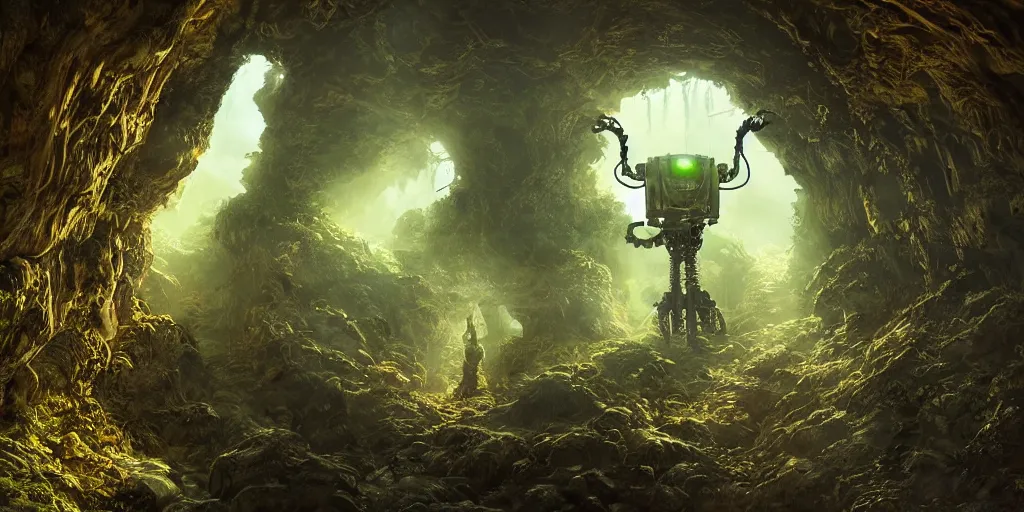 Image similar to magnificent mechanical steampunk robotlike creature looking eerily into a cave entrance with lush vegetation and mystical (((glowing algae))) in the sunset, light coming through from holes in the ceiling, desaturated, creepy ambiance, dangerous, sharp focus, highly detailed, artgerm