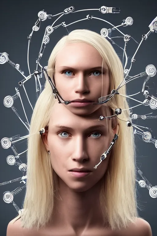 Image similar to robot with human face, female head, full body angle, woman human face, human face realistic, beautiful blonde hair, human head, human head with blonde hair, blonde hair human head, blonde hair, human realistic face, human head skin, cyborg frame concept, cyborg by ales-kotnik, sci-fi android female, the body is made of wires, robotic body, cyborg body, cyborg bust body, robot body cyborg, full body