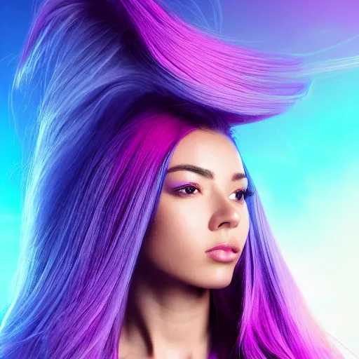 Prompt: a stunning high shutter speed action upper body portrait of a beautiful woman with a ombre purple pink hairstyle with hair flying wearing futuristic navy blue and teal battle bodyarmor and pauldrons by marvel comics, outrun, vaporware, action photography, highly detailed, fine detail, intricate, digital art, trending on artstation