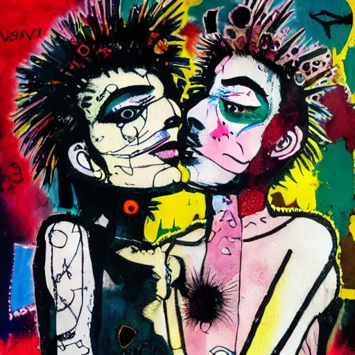 Prompt: watercolor painting of two bizarre psychedelic goth women kissing each other closeup in a space station in japan, speculative evolution, mixed media collage by basquiat and jackson pollock, maximalist magazine collage art, sapphic art, lesbian art, chemically damaged