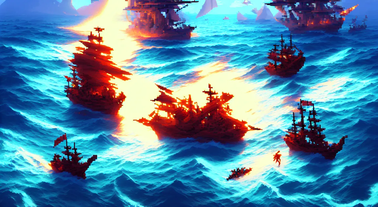 Image similar to Pixelart of a pirates battles in the ocean, volumetric lighting, digital pixel art, pixiv, official fanart behance hd by Jesper Ejsing, by RHADS, Makoto Shinkai and Lois van baarle, ilya kuvshinov, rossdraws global illumination