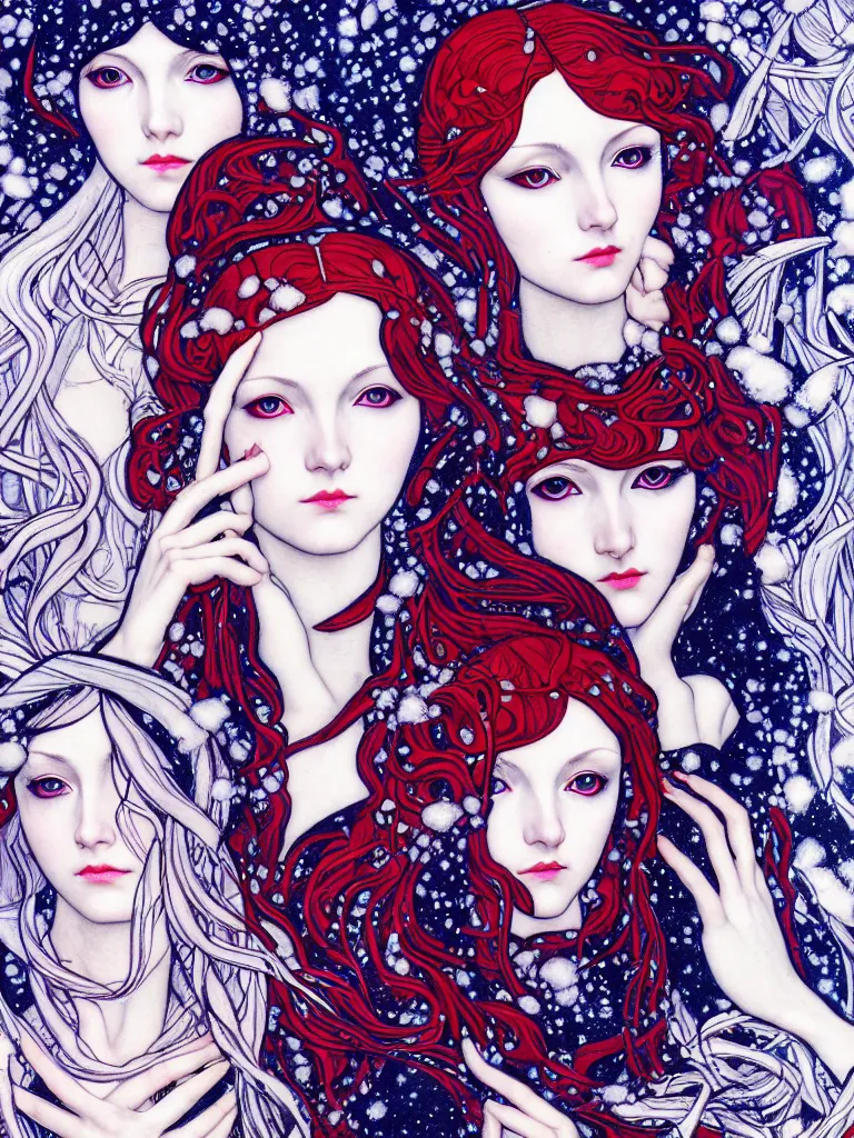 Prompt: triad of winter muses, style mix of æon flux, shepard fairey, botticelli, ivan bilibin, john singer sargent, pre - raphaelite, shoujo manga, harajuku fashion, dormant nature, snow, ice, stark colors, superfine inking, ethereal, 4 k photorealistic, arnold render