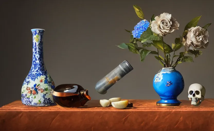 Image similar to Realistic still lifes photo studio, porcelain vase, apple, blue flowers, bottle of wine, skull, copper cup, golden hour 8k,High definition, ultra detailed