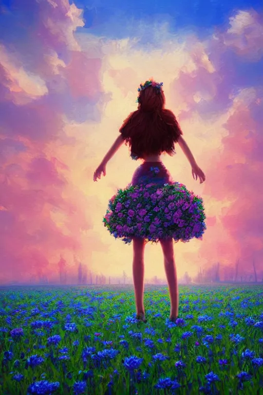 Image similar to closeup, giant flower head, girl standing in a field of flowers, surreal photography, sunrise, blue sky, dramatic light, impressionist painting, digital painting, artstation, simon stalenhag