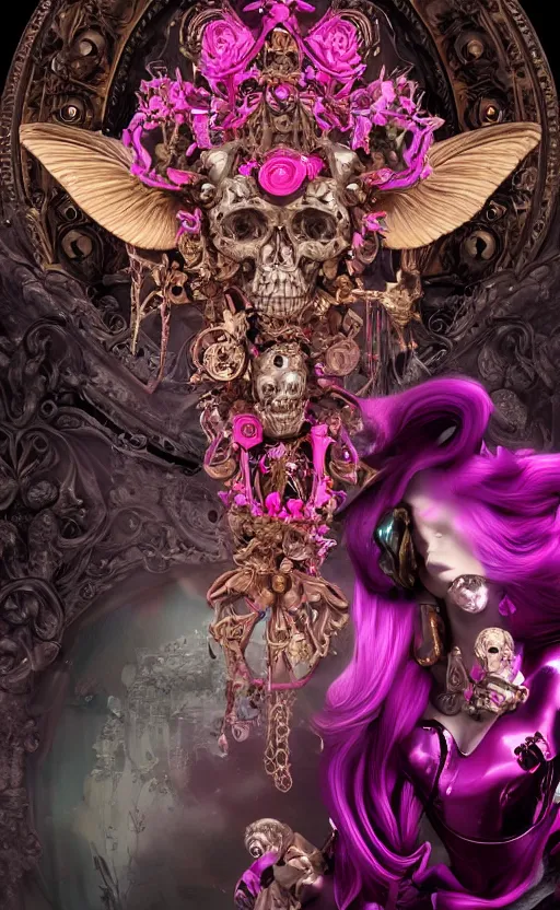 Prompt: a 3d Letter A with a large glowing pink crystal in the center, bronze cyberpunk style statue, mechanical flowers, flowing magenta silk, fabric, steampunk flowers. baroque elements, human skull. full-length view. baroque element. intricate artwork by caravaggio. many flying horses on background. Trending on artstation, octane render, cinematic lighting from the right, hyper realism, octane render, 8k, depth of field, 3D