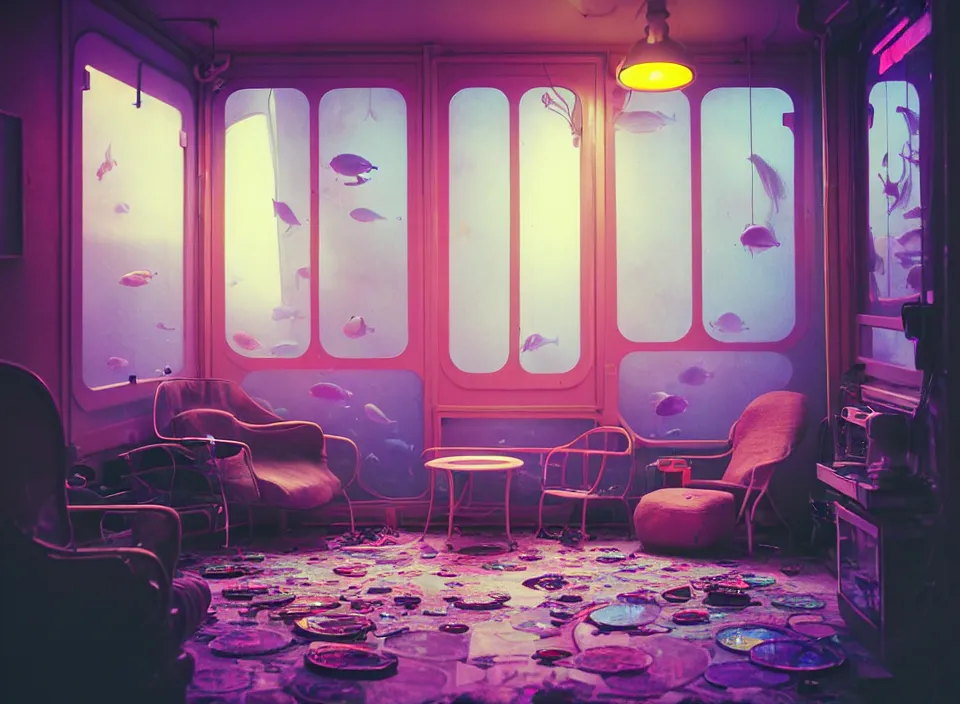 Image similar to telephoto 7 0 mm f / 2. 8 iso 2 0 0 photograph depicting the feeling of chrysalism in a cosy cluttered french sci - fi ( art nouveau ) cyberpunk apartment in a pastel dreamstate art cinema style. ( aquarium, computer screens, window ( city ), fish tank, lamp ( ( ( armchair ) ) ) ), ambient light.