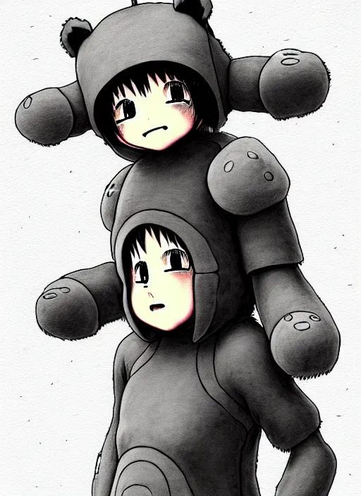 Image similar to beautiful little boy wearing an cyborg bear suit, artwork in kentaro miura and made in abyss and rosdraws, smooth, beautiful lightness, anatomically correct, trending on pixiv, forest