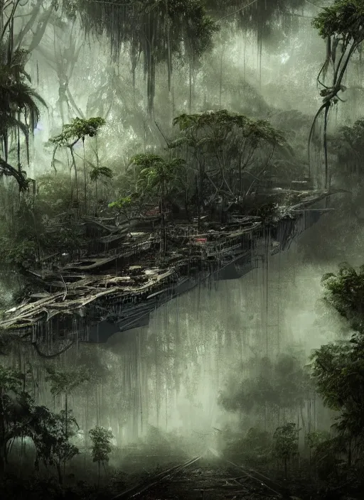 Prompt: decayed aircraft carrier USS Nimitz laying on the ground of a tropical forest overgrown with vegetation and hanging vines, post appocalyptic, by Luis Royo, by Greg Rutkowski, dark, gritty, intricate, cover illustration, concept art, volumetric lighting, volumetric atmosphere, sharp focus, octane render, trending on artstation, 8k