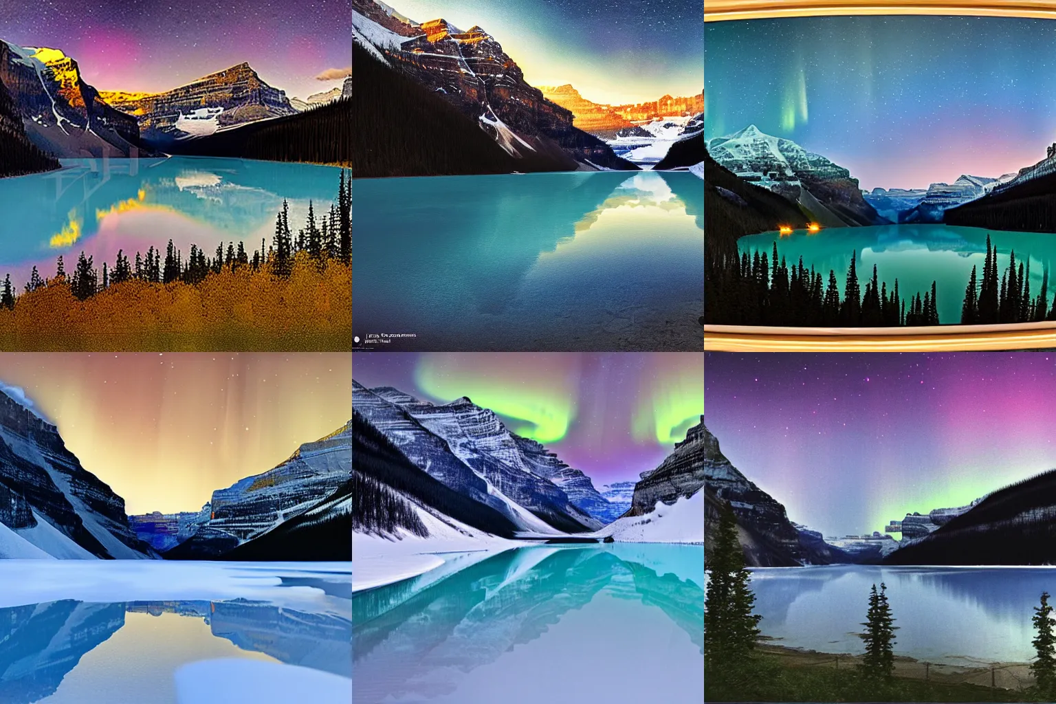 Prompt: a matte painting of Lake Louise, moonlight, northern lights