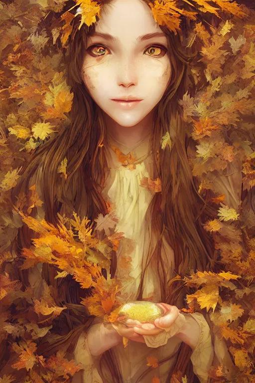 Prompt: The goddess of autumn harvest, tranquility, beautiful face, long hair, wearing wheat yellow gauze, comic style, virtual engine, 3D, sense of atmosphere, goddess, by wlop