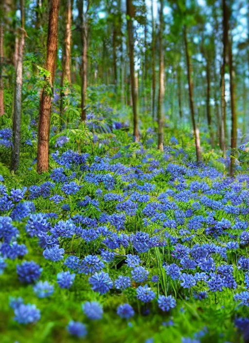 Prompt: deep in the blueberry forest, hazy summer day, detailed digital art, dreamy, 8k, octane render, depth of field