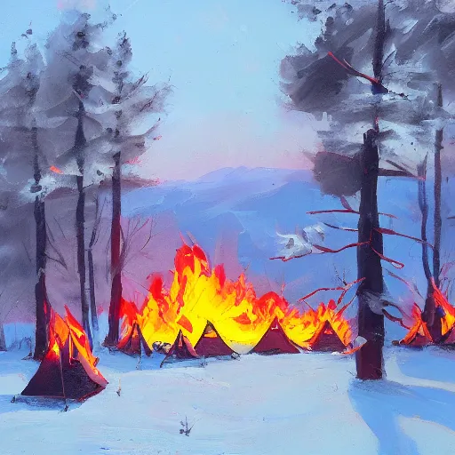 Image similar to a camp with tents on fire, burning down, shadows of 3 girls watching the camp burn, snow, painted by Sylvain Sarrailh