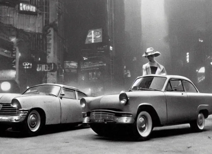 Image similar to scene from the 1952 science fiction film Blade Runner with the main character standing next to a vehicle