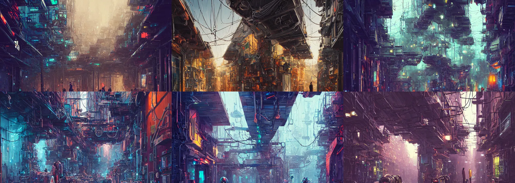 Prompt: a beautiful matte painting of organic structure alleyway with cyber mechanical robotic shop inside people are working on cyber robotics, by alena aenami, dark night, hyper detailed, vibrant, landscape, 8 k hdr, digital, artstation, cg