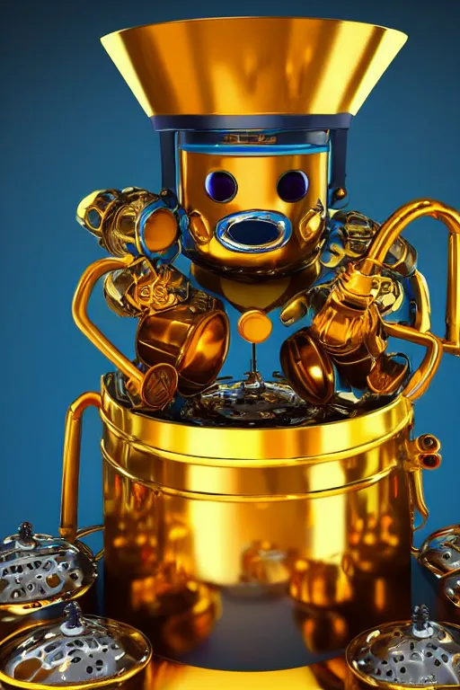 Prompt: portrait photo of a giant golden and blue metal steampunk robot chef wearing a big chef hat, with steaming pots and pans and tubes, eyes are green lights, shiny crisp finish, 3 d render, 8 k, insaneley detailed, fluorescent colors, background is multicolored lasershow