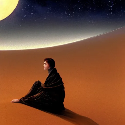 Image similar to chani from dune sitting on her bed looking down at the deserts of arrakis, 8k, photorealistic, dark