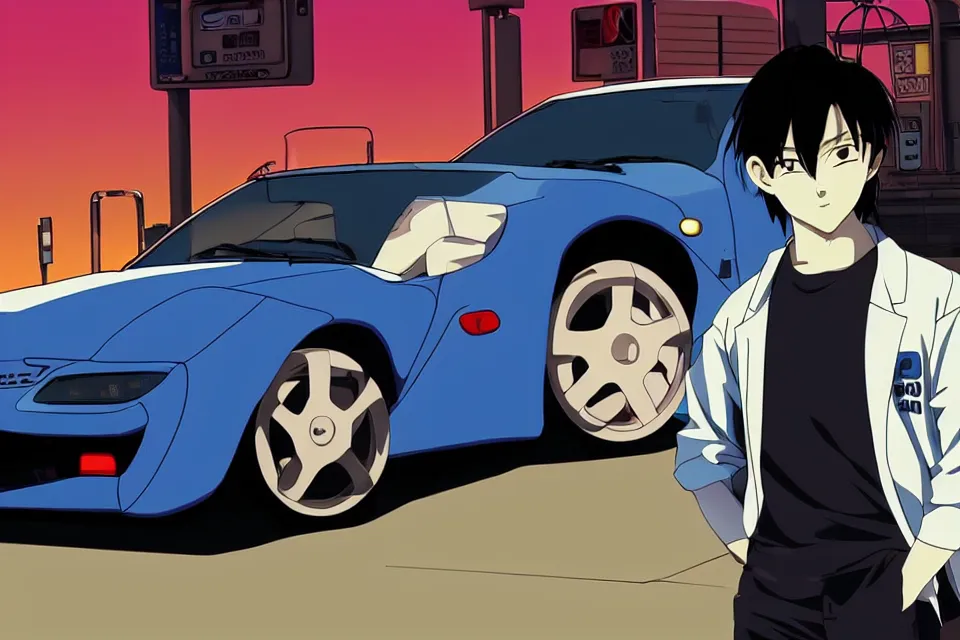 Prompt: aesthetic illustration of very serious ryosuke takahashi with black hair wearing a dark blue shirt and white pants stands leaning with one leg on his white mazda rx 7 on an empty gas station at dusk, initial d anime 1 0 8 0 p, detailed anime face, high detail, 9 0 s anime aesthetic, volumetric lights, unreal engine 5 render, pinterest wallpaper,