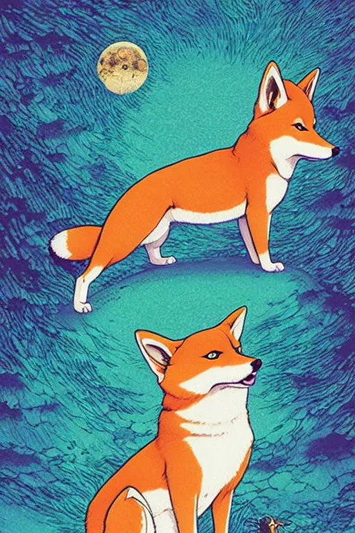 Prompt: poster of a shiba inu as a giant fox spirit, studio ghibli aesthetic, by yoichi hatakenaka, masamune shirow, josan gonzales and dan mumford, ayami kojima, takato yamamoto, barclay shaw, karol bak, yukito kishiro