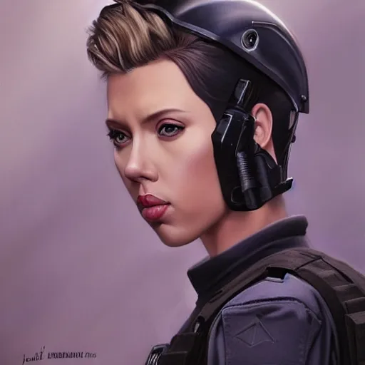 Image similar to scarlet johansson dressed as swat police officer, highly detailed portrait, digital painting, by julie bell, artgerm, ilya kuvshinov