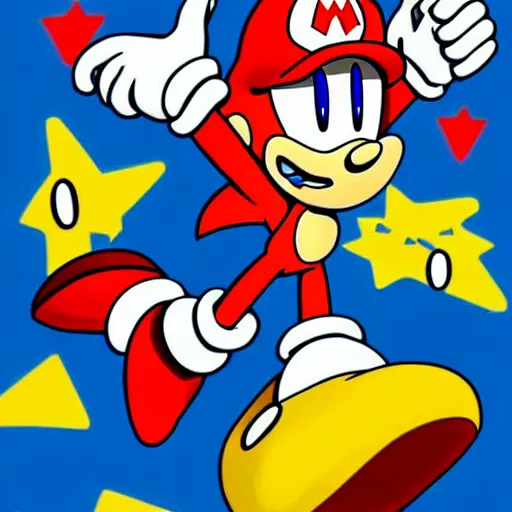 Prompt: sonic melting into Mario