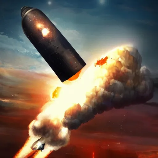 Image similar to joe biden riding a nuclear warhead falling through the sky down to earth, 4 k trending on artstation,