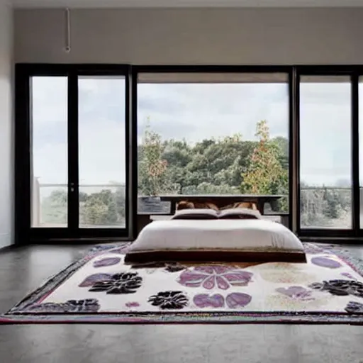 Image similar to Bedroom with Minimalistic Art on the walls, white furniture, Multi colored Mandala Rug, big windows with sunlight coming in