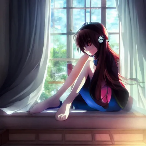 Image similar to anime beautiful girl sits on the sofa and listens to music, the sun shines through the window, highly detailed, 8 k, pixiv, in style of kyoto animation, art by artgerm and cushart krenz