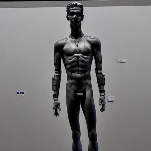 Image similar to “ a realistic detailed photo of a guy who is an attractive humanoid who is half robot and half humanoid, who is a male android, soccer player antoine griezmann, shiny skin, posing like a statue, blank stare, at the museum, on display ”