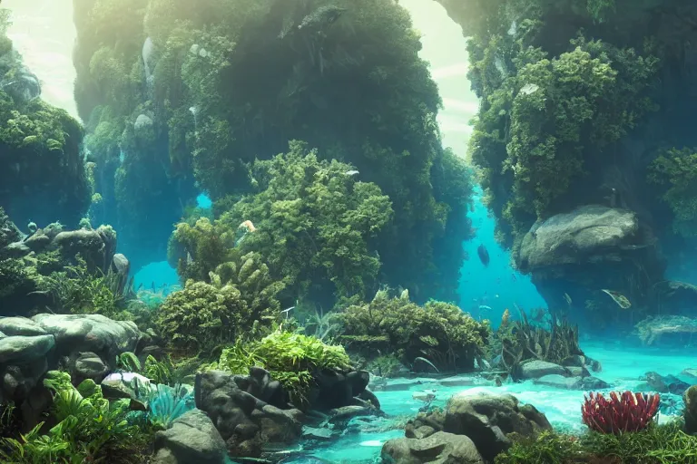 Image similar to dramatic landscape of an underwater garden habitat in the shade. intricate subnautica base, trending on cgsociety, peaceful atmosphere, natural volumetric lighting, exaggerated detail, wide angle, octane render, raytraced realistic