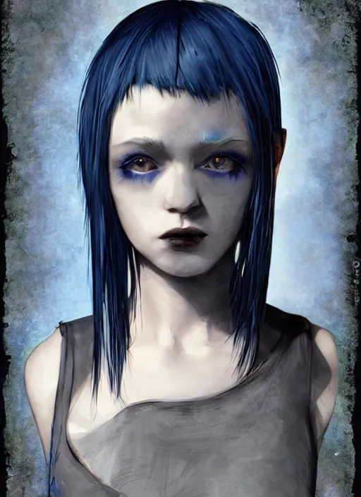 Image similar to medium shot, grunge style, nice pale twelve years old girl witch with midnight blue hair, messy dyed in midnight blue bob cut hairstyle, amber oval eyes, grunge clothes, jeans, high boots, dynamic pose, digital art, highly detailed, sharp focus, digital painting, artwork by Rutkowsky, by Victor Adame Minguez by Yuumei by Tom Lovell by Sandro Botticelli