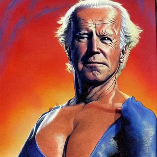 Image similar to science fiction boris vallejo portrait of joe biden wearing monokini in the movie zardoz