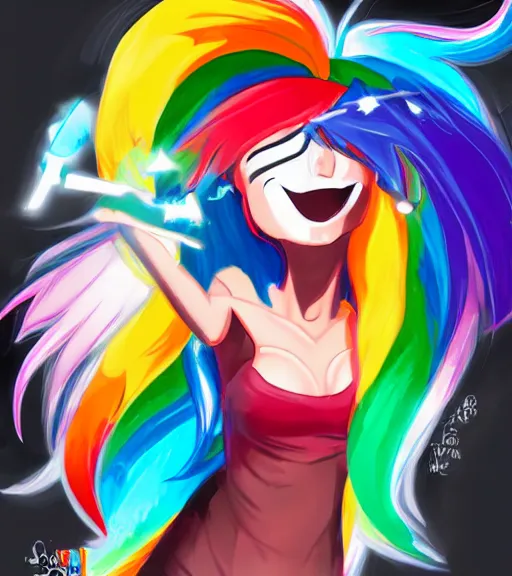 Image similar to ! dream humanized rainbow dash rocking out, art by stanley lau, artgerm, rossdraws, ross tran, sakimichan, cyarine, beautiful art