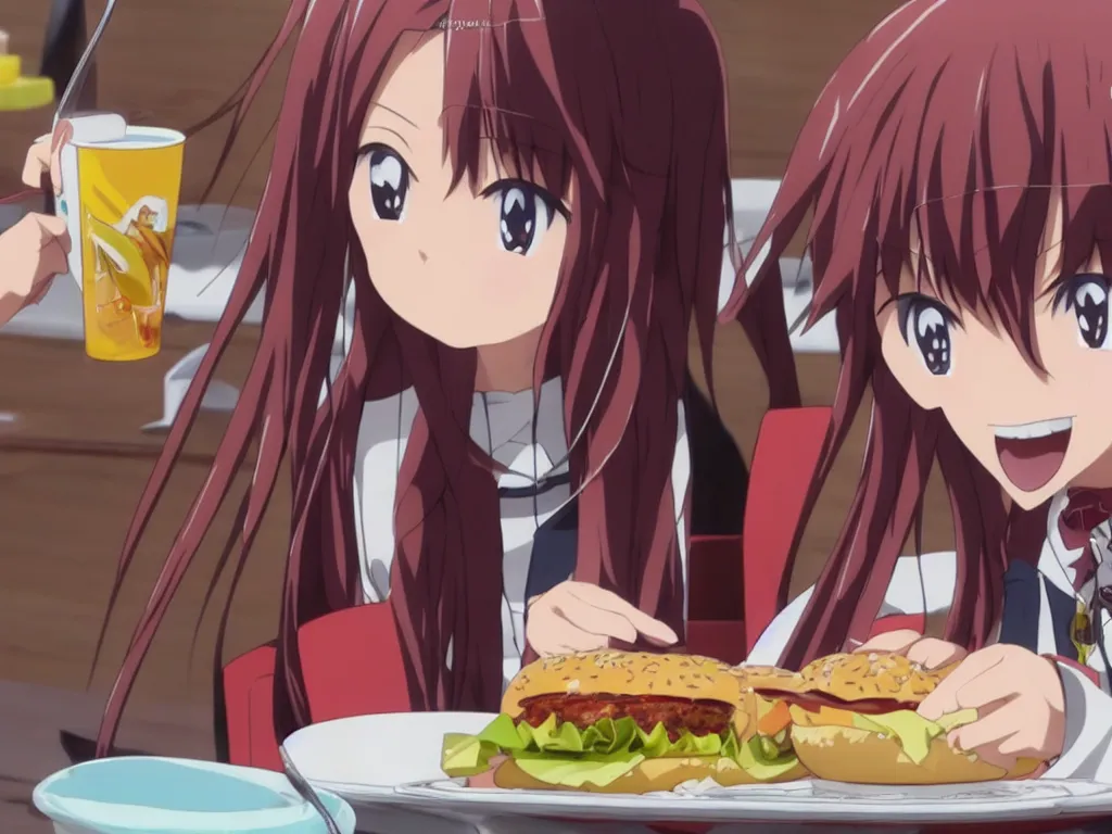 yuuki konno from sword art online eating a big burger, Stable Diffusion