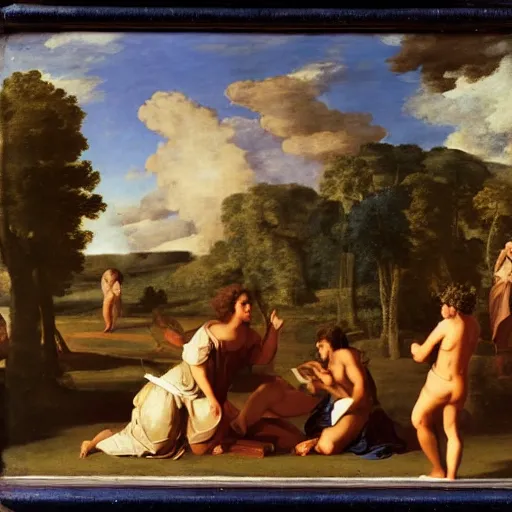 Image similar to shepherds of arcadia by poussin, all decently dressed characters