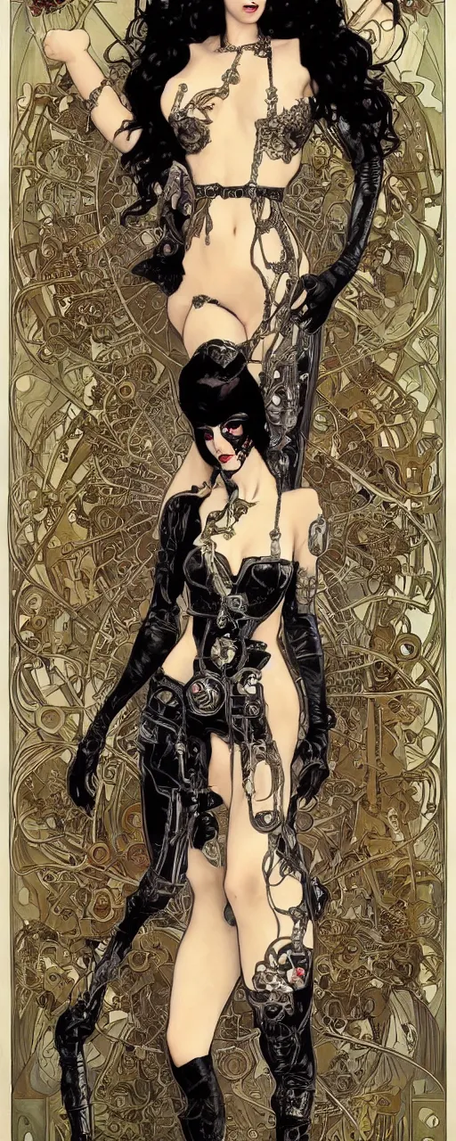 Prompt: a beautiful and captivating art nouveau heavy metal style portrait of morticia adams as an ironpunk rebel soldier by chris achilleos, chris bachalo and alphonse mucha, mixed media painting, photorealism, extremely hyperdetailed, perfect symmetrical facial features, perfect anatomy, ornate declotage, circuitry, technical detail, confident expression