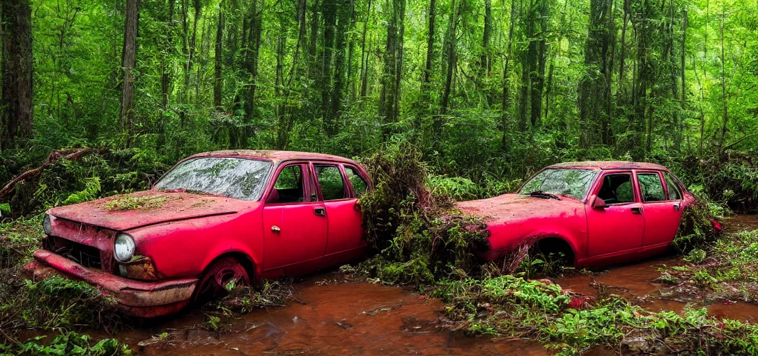 Prompt: red abandoned car, overgrown in a thick forest full of trees with strong roots, waterlogged ground with purple flowers, and a small stream with sharp rocks