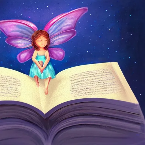 Image similar to you can see a big old open book in close - up. above the book floats a small sweet fairy, digital painting, fantasy art