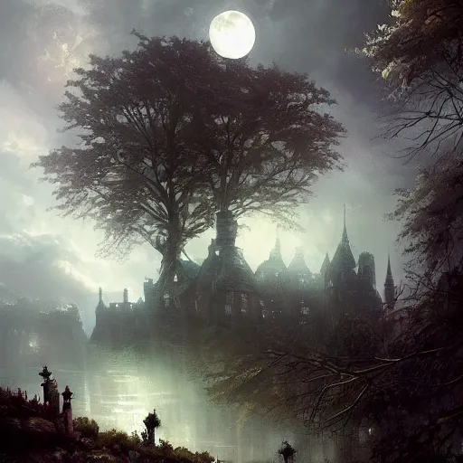 Image similar to a hidden village in the trees, victorian setting, dramatic light, castle background, clouds, moon, storm, night, high detail, fantasy background, painted by greg rutkowski, digital art, trending on artstation