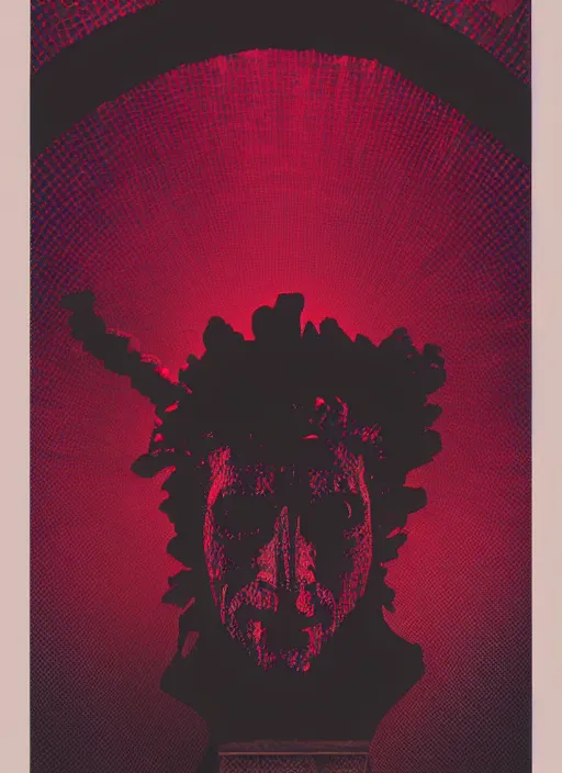 Image similar to dark design poster showing a heroic statue of dionysus, black background with very subtle red and purple design elements, powerful, nekro, vito acconci, thin straight lines, dark, glitch art, neo vaporwave, gritty, layout frame, square, trending on artstation