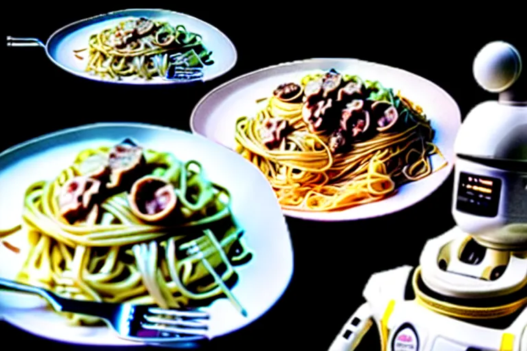 Image similar to carbonara noodles, space, food, robot eating pasta