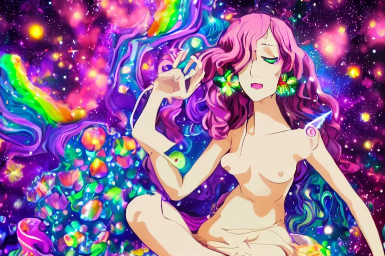 Prompt: psychedelic, whimsical, anime, 4k, beautiful seductive woman with fox ears smoking weed, with professional makeup, long trippy hair, a crystal and flower dress, sitting on a reflective pool, surrounded by gems, underneath the stars, rainbow fireflies, trending on patreon, deviantart, twitter, artstation, volumetric lighting, heavy contrast, art style of Greg Rutkowski and viktoria gavrilenko and Ross Tran
