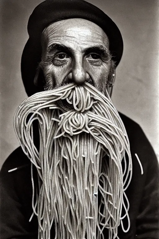 Prompt: extremely detailed portrait of old italian cook, spaghetti mustache, slurping spaghetti, spaghetti in the nostrils, spaghetti hair, spaghetti beard, huge surprised eyes, shocked expression, scarf made from spaghetti, full frame, award winning photo by george hurrell