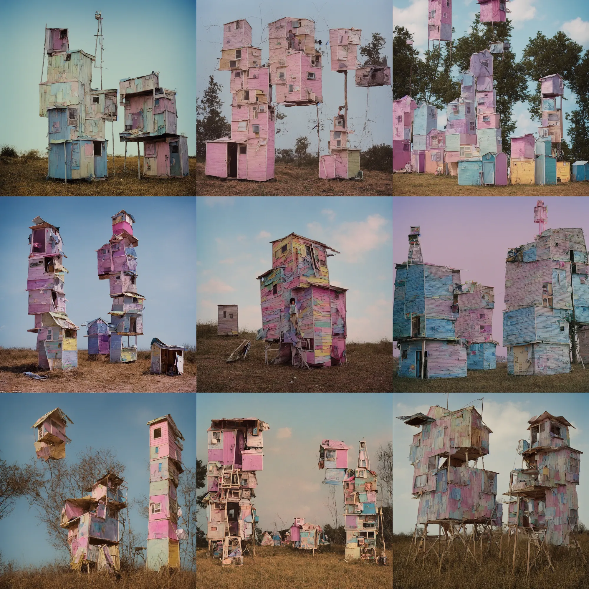 Prompt: a tower made up of makeshift squatter shacks with pastel colours, mamiya, 8 5 mm, f 1. 7, fully frontal view, uniform plain sky, light leaks, fine details, digital glitches, photographed by julie blackmon