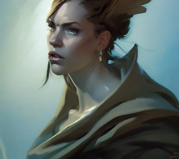 Image similar to greg manchess portrait painting of beautiful mage, d & d, fantasy, medium shot, asymmetrical, intricate, elegant, matte painting, illustration, hearthstone, by greg rutkowski, by greg tocchini, by james gilleard, by joe fenton, dynamic lighting, gradient light blue, brown, blonde cream and white color scheme, grunge aesthetic