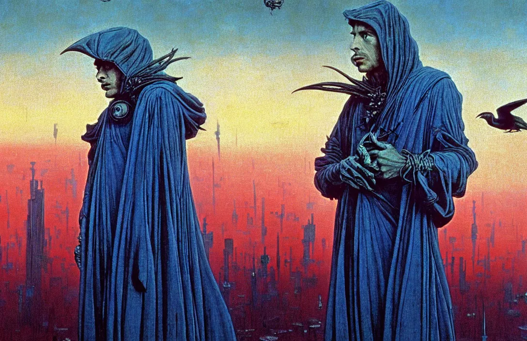Image similar to extremely detailed portrait film shot of a birdman wearing dark ragged robes, futuristic city sunset landscape background by denis villeneuve, amano, yves tanguy, alphonse mucha, ernst haeckel, max ernst, roger dean, ridley scott, dramatic closeup composition, rich moody colours, blue eyes