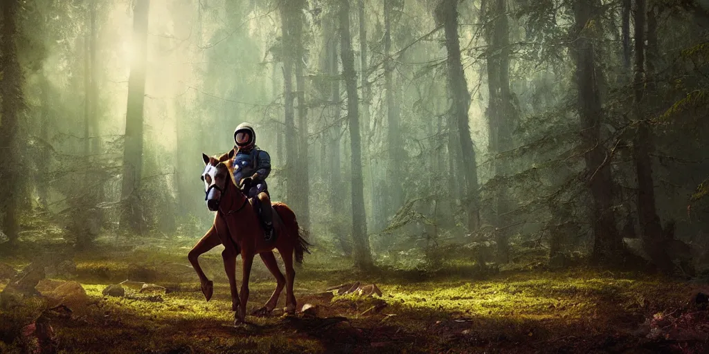 Image similar to american astronaut, riding a horse in a forest, plants environment, wide angle, cinematic lighting, atmospheric, realistic, octane render, highly detailed, color graded, in the style of craig mullins